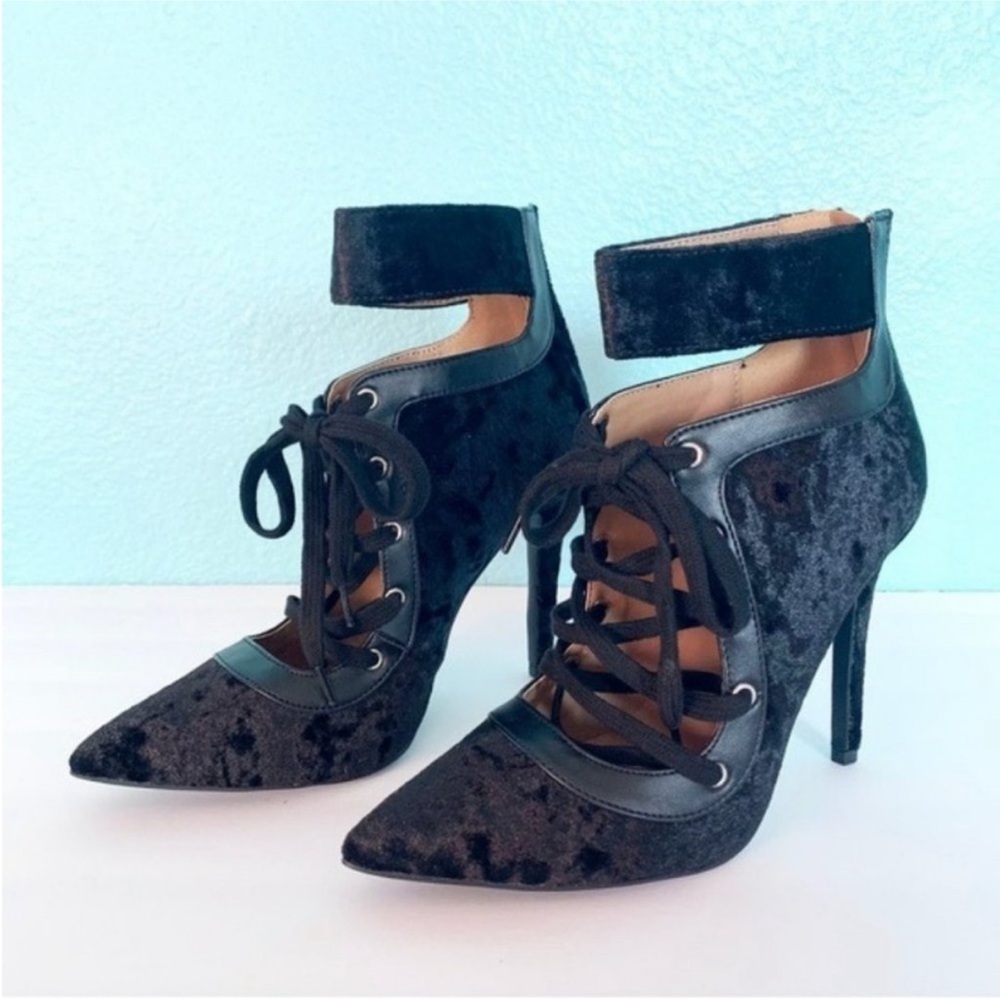 Black velvet pointed toe lace up heeled booties heels